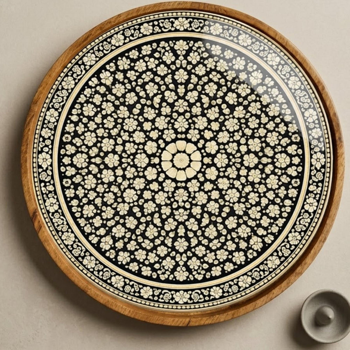 Black Mandala Wooden Tray Printed | Mango Wood Round Tea Serving Decor
