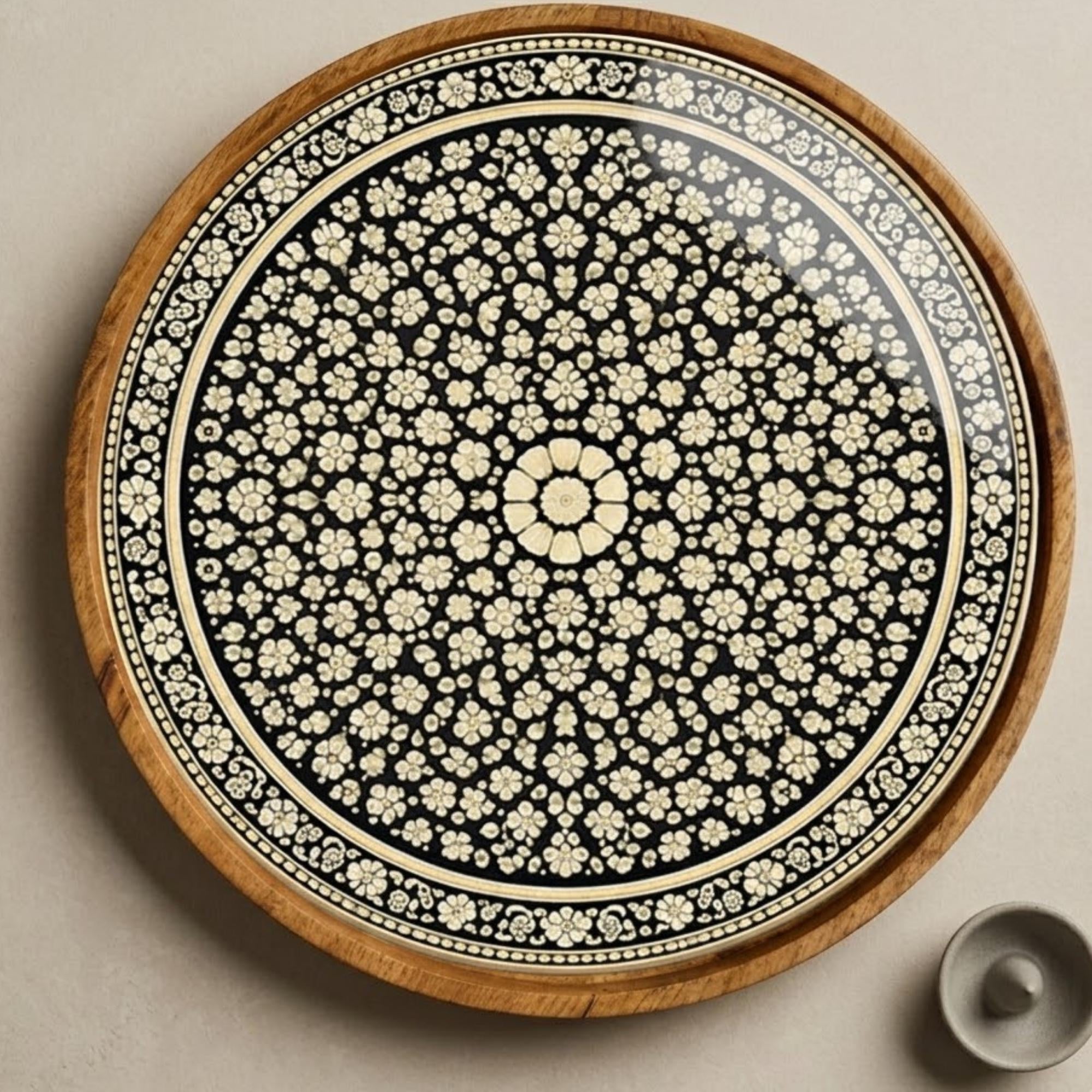Black Mandala Wooden Tray Printed | Mango Wood Round Tea Serving Decor