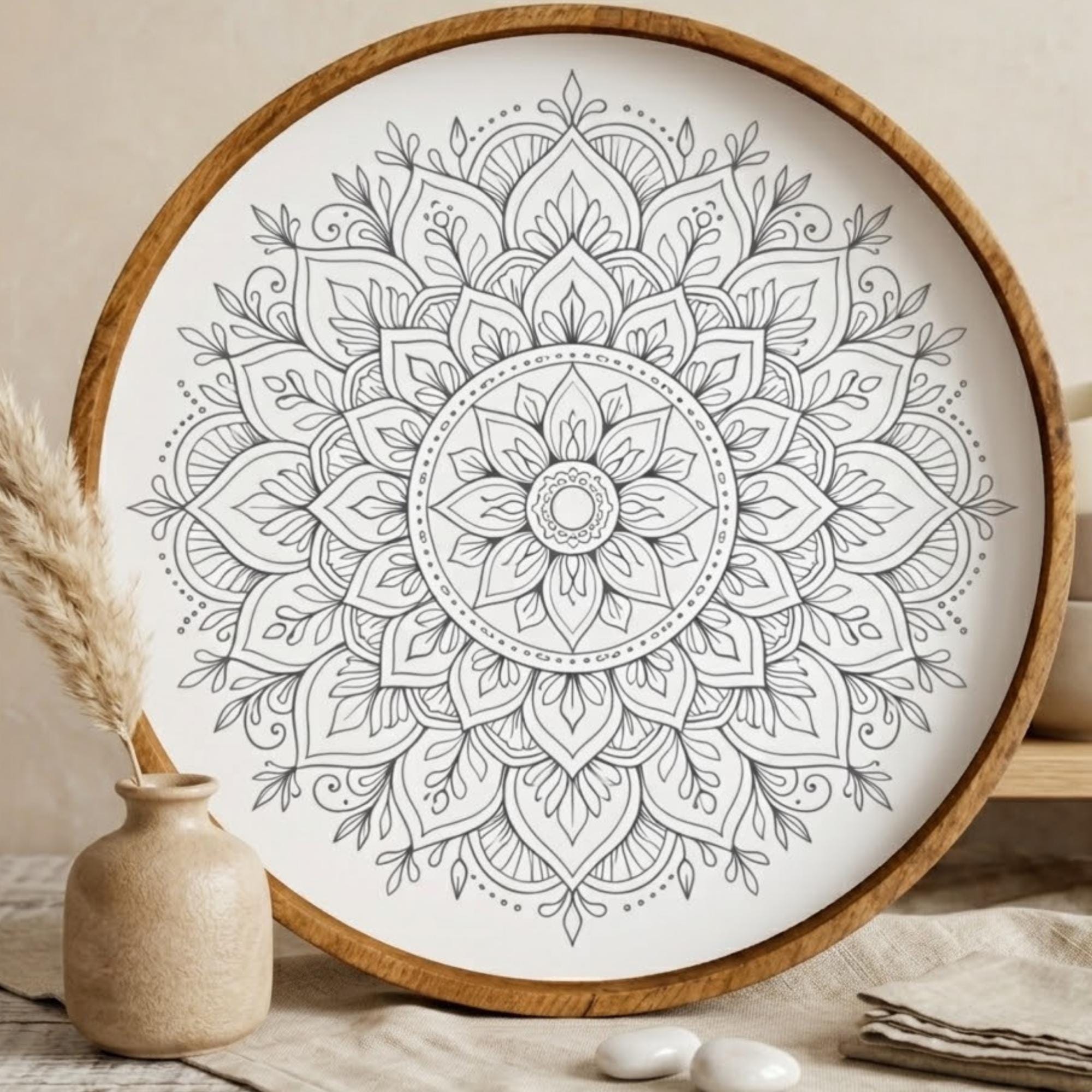 Mandala Wooden Serving Tray | Printed Mango Wood | Boho Spiritual Decor | Round Coffee Table Accent