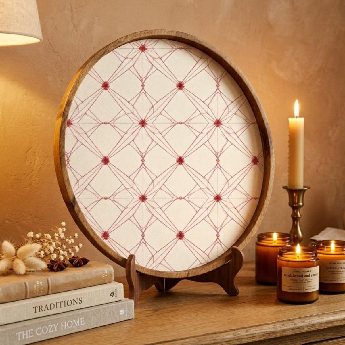 Geometric Wooden Serving Tray Printed | Round Mango Wood Coffee Table Decor | Minimal Kitchen Organizer