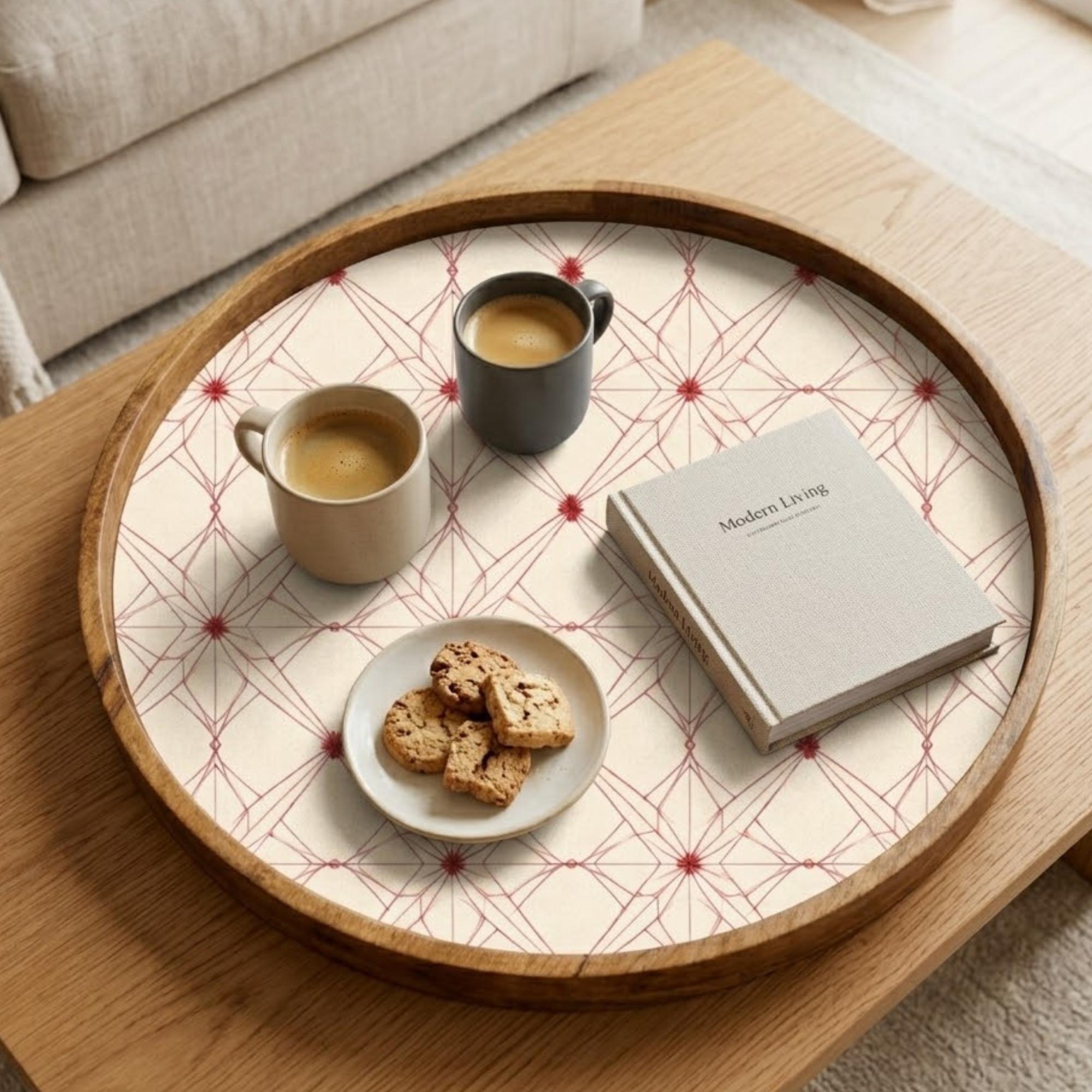 Geometric Wooden Serving Tray Printed | Round Mango Wood Coffee Table Decor | Minimal Kitchen Organizer