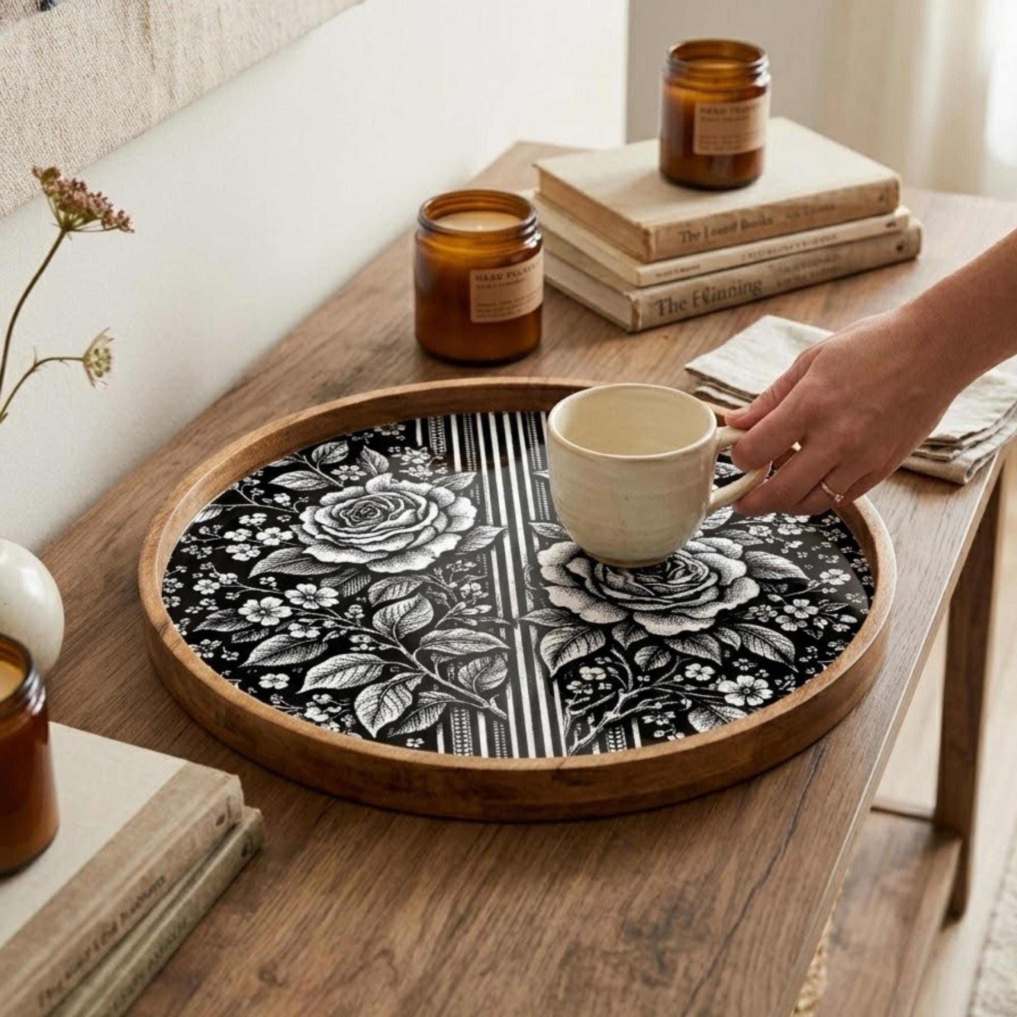 Black White Floral Wooden Tray | Mango Wood Printed Coffee Table Decor | Tea Platter