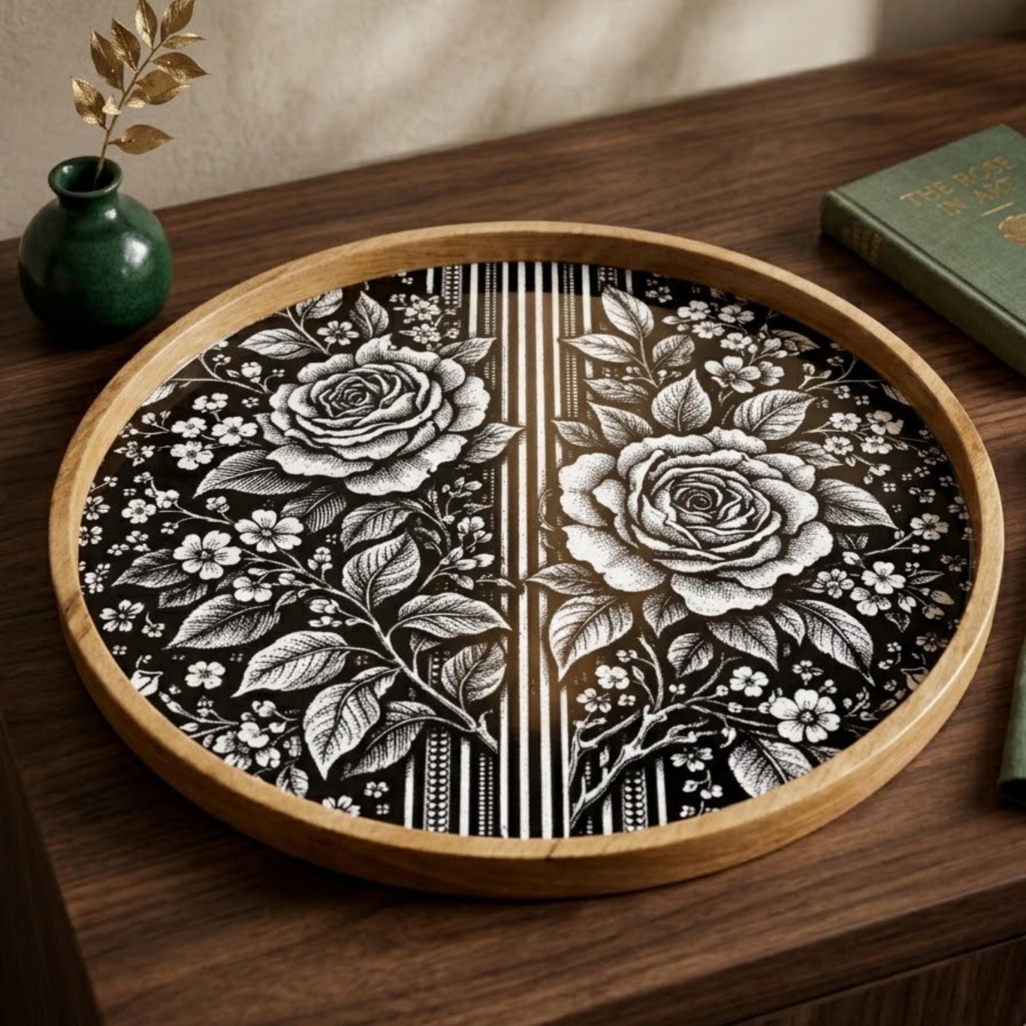 Black White Floral Wooden Tray | Mango Wood Printed Coffee Table Decor | Tea Platter