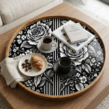 Black White Floral Wooden Tray | Mango Wood Printed Coffee Table Decor | Tea Platter