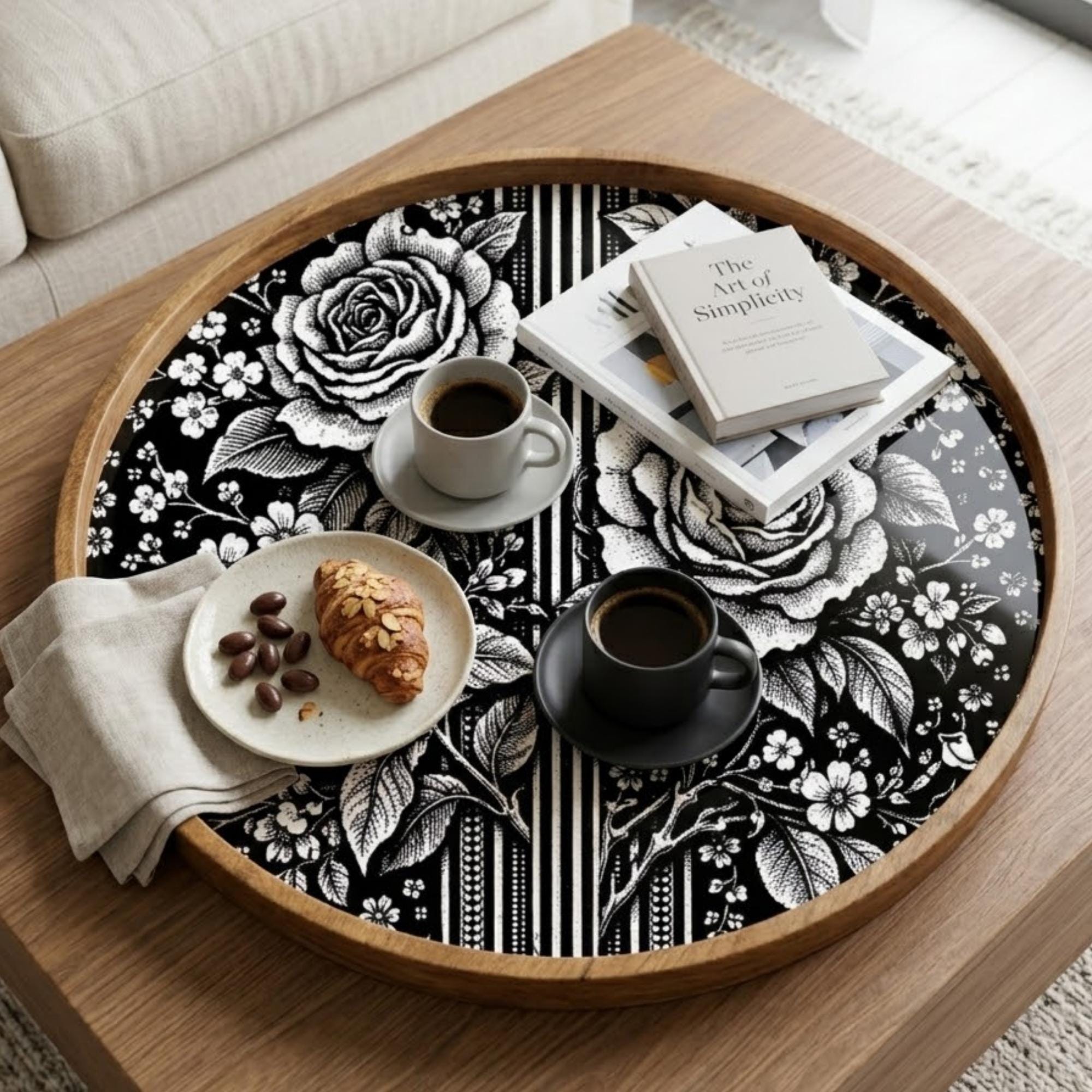 Black White Floral Wooden Tray | Mango Wood Printed Coffee Table Decor | Tea Platter