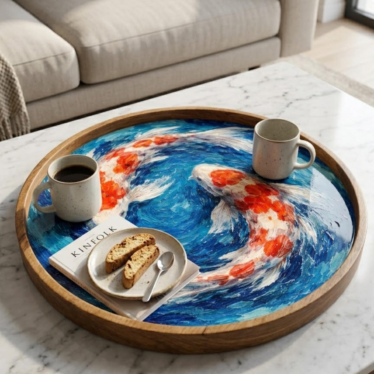 Abstract Ocean Wooden Tray | Mango Wood Printed Coffee Table Decor | Blue Art Tea Platter
