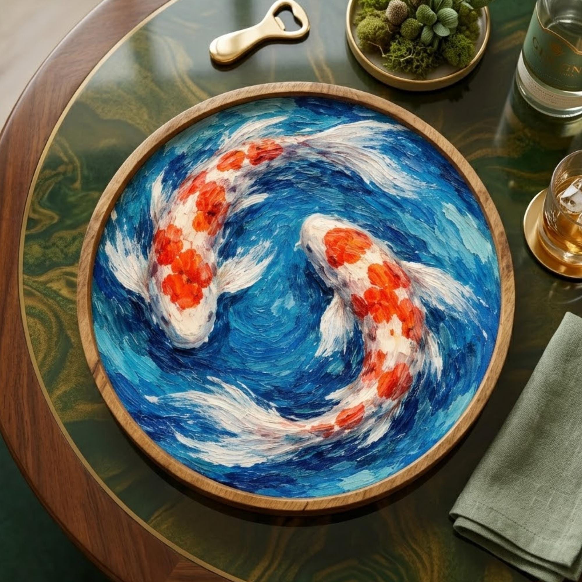 Abstract Ocean Wooden Tray | Mango Wood Printed Coffee Table Decor | Blue Art Tea Platter
