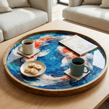 Abstract Ocean Wooden Tray | Mango Wood Printed Coffee Table Decor | Blue Art Tea Platter