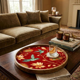 Red Bird Floral Mango Wood Tray | Round Coffee Table Decor, Serving Platter