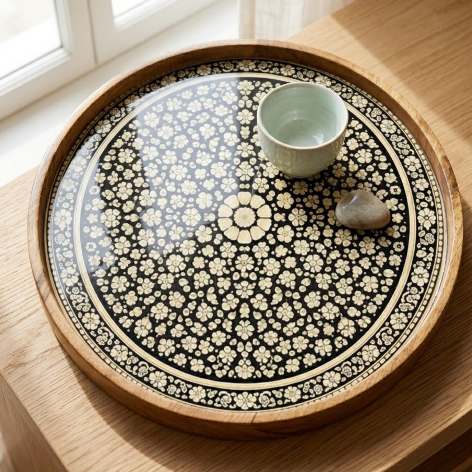 Black Mandala Wooden Tray Printed | Mango Wood Round Tea Serving Decor