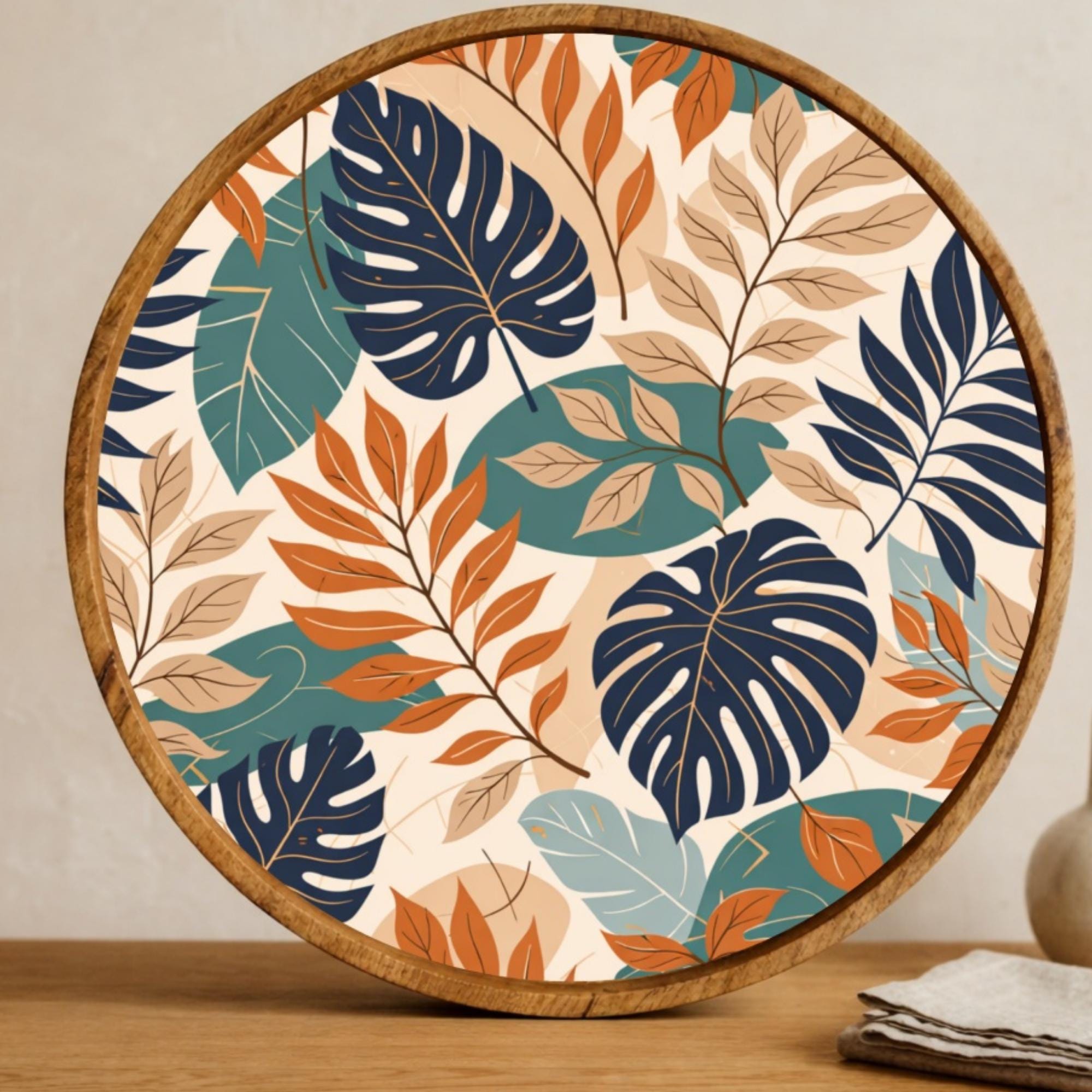Tropical Leaf Wooden Tray Printed | Mango Wood Round Tea Serving Decor