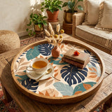 Tropical Leaf Wooden Tray Printed | Mango Wood Round Tea Serving Decor