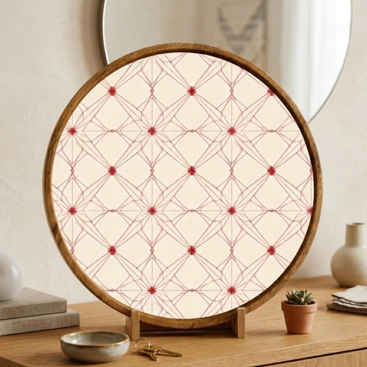 Geometric Wooden Serving Tray Printed | Round Mango Wood Coffee Table Decor | Minimal Kitchen Organizer