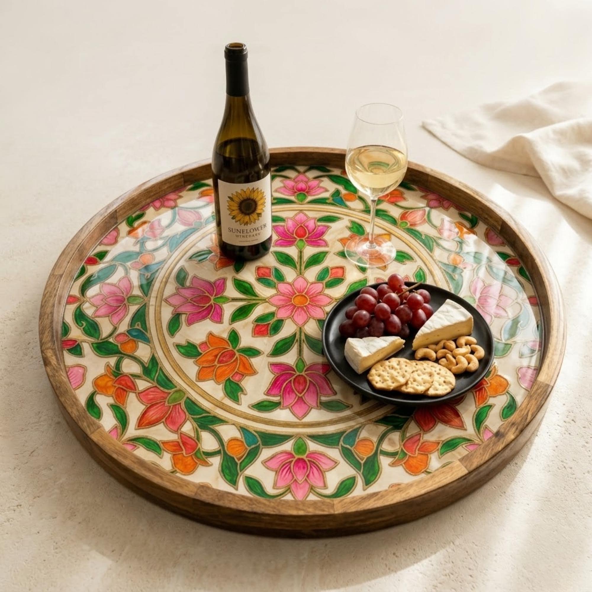 Colorful Floral Wooden Tray Printed | Mango Wood Round Tea Serving Decor