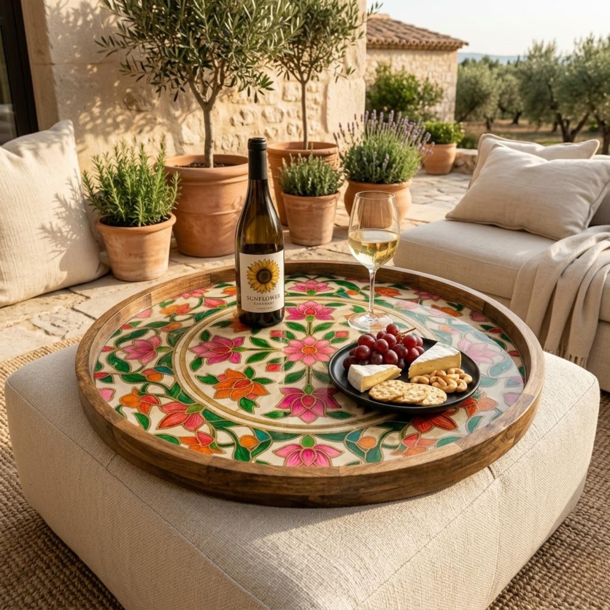 Colorful Floral Wooden Tray Printed | Mango Wood Round Tea Serving Decor