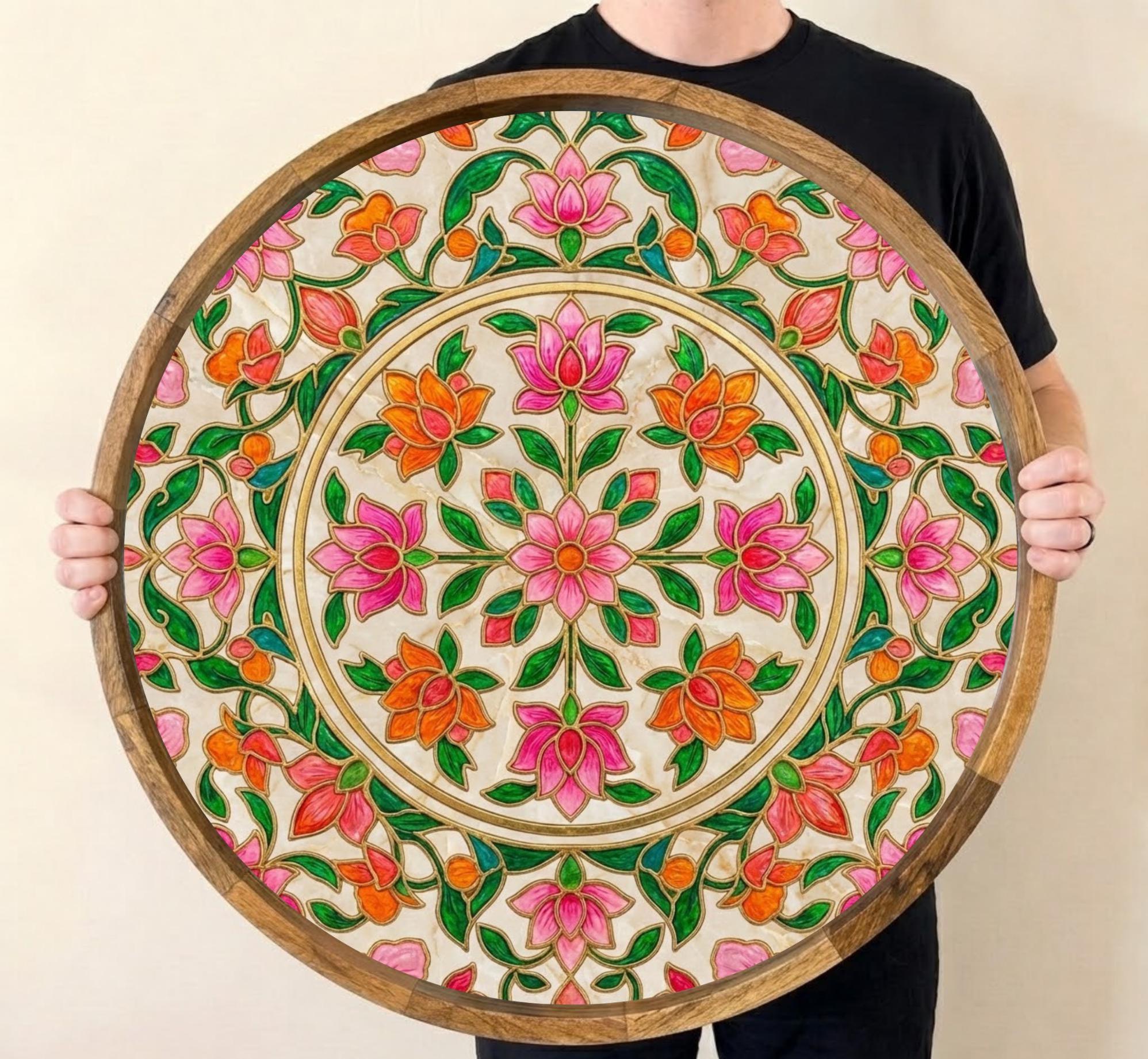 Colorful Floral Wooden Tray Printed | Mango Wood Round Tea Serving Decor