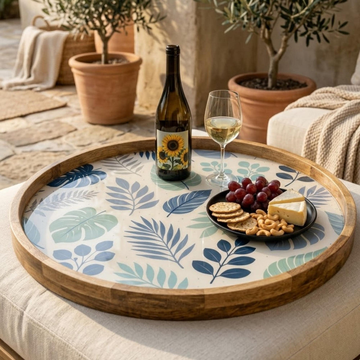 Blue Leaf Wooden Tray Printed | Mango Wood Round Tea Serving Decor
