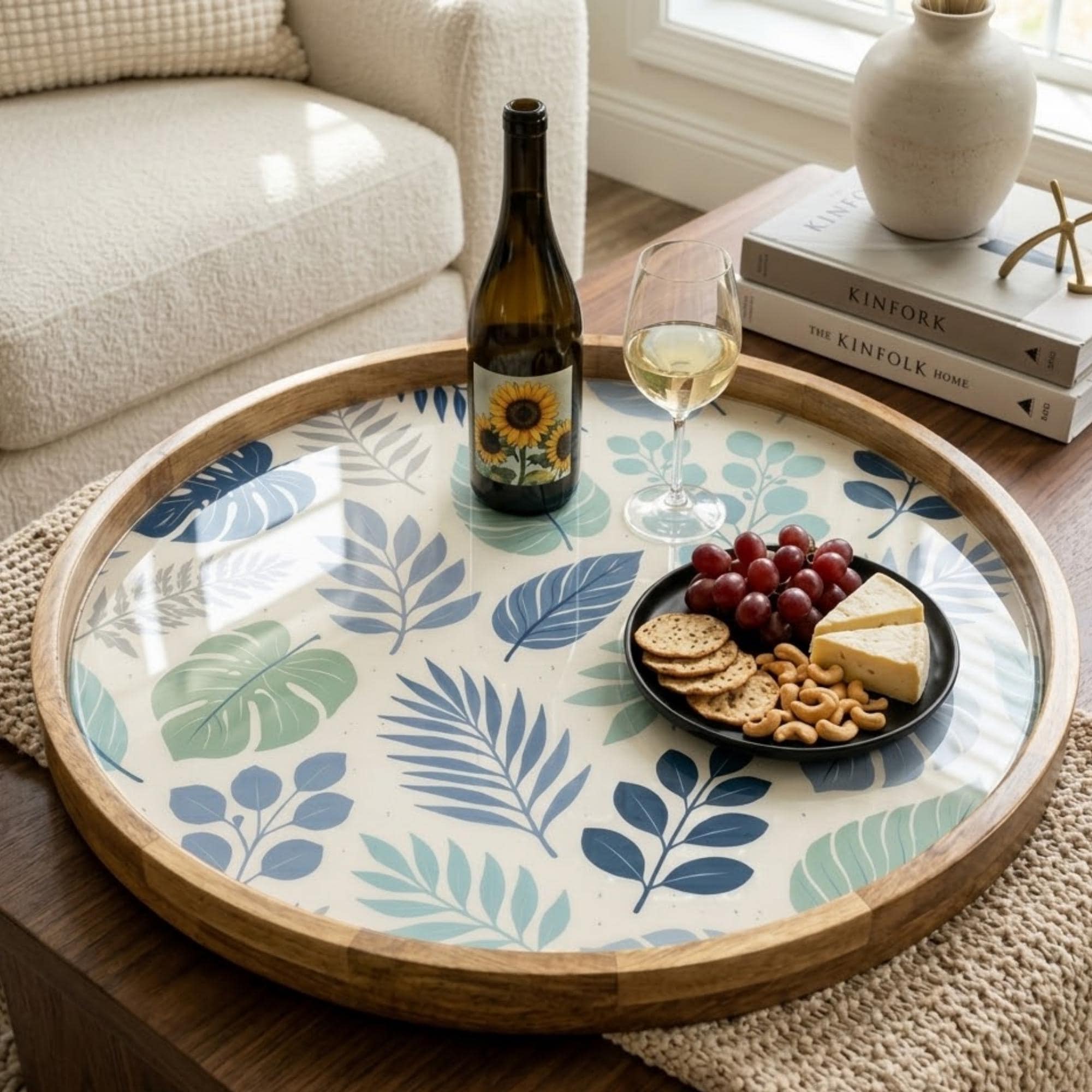 Blue Leaf Wooden Tray Printed | Mango Wood Round Tea Serving Decor
