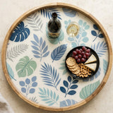 Blue Leaf Wooden Tray Printed | Mango Wood Round Tea Serving Decor
