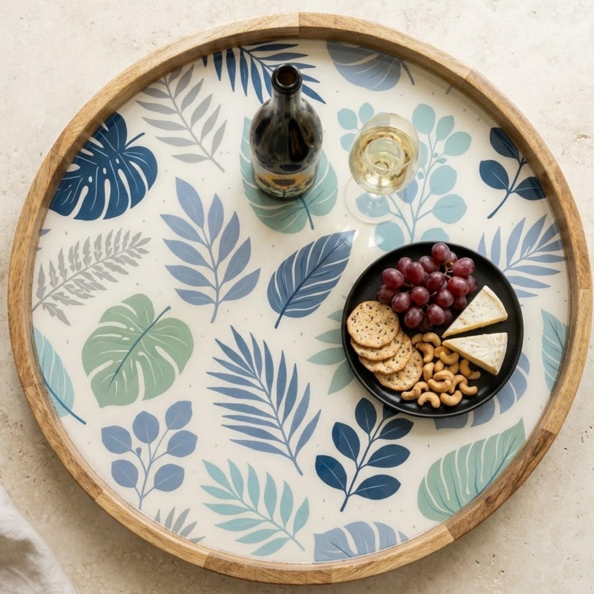 Blue Leaf Wooden Tray Printed | Mango Wood Round Tea Serving Decor