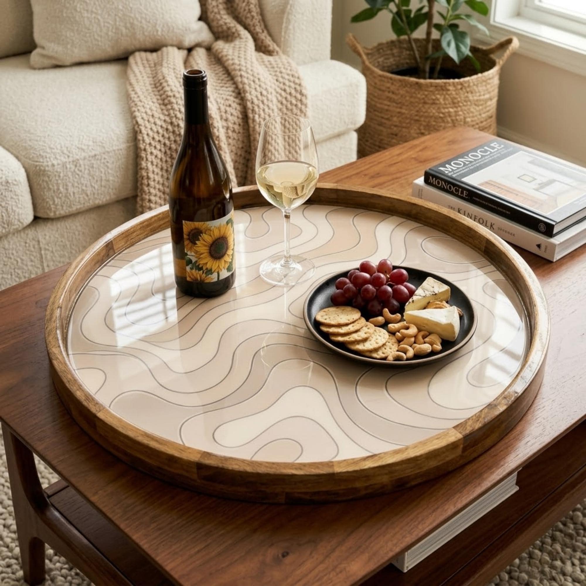 Abstract Wooden Tray Printed | Mango Wood Round Tea Serving Decor