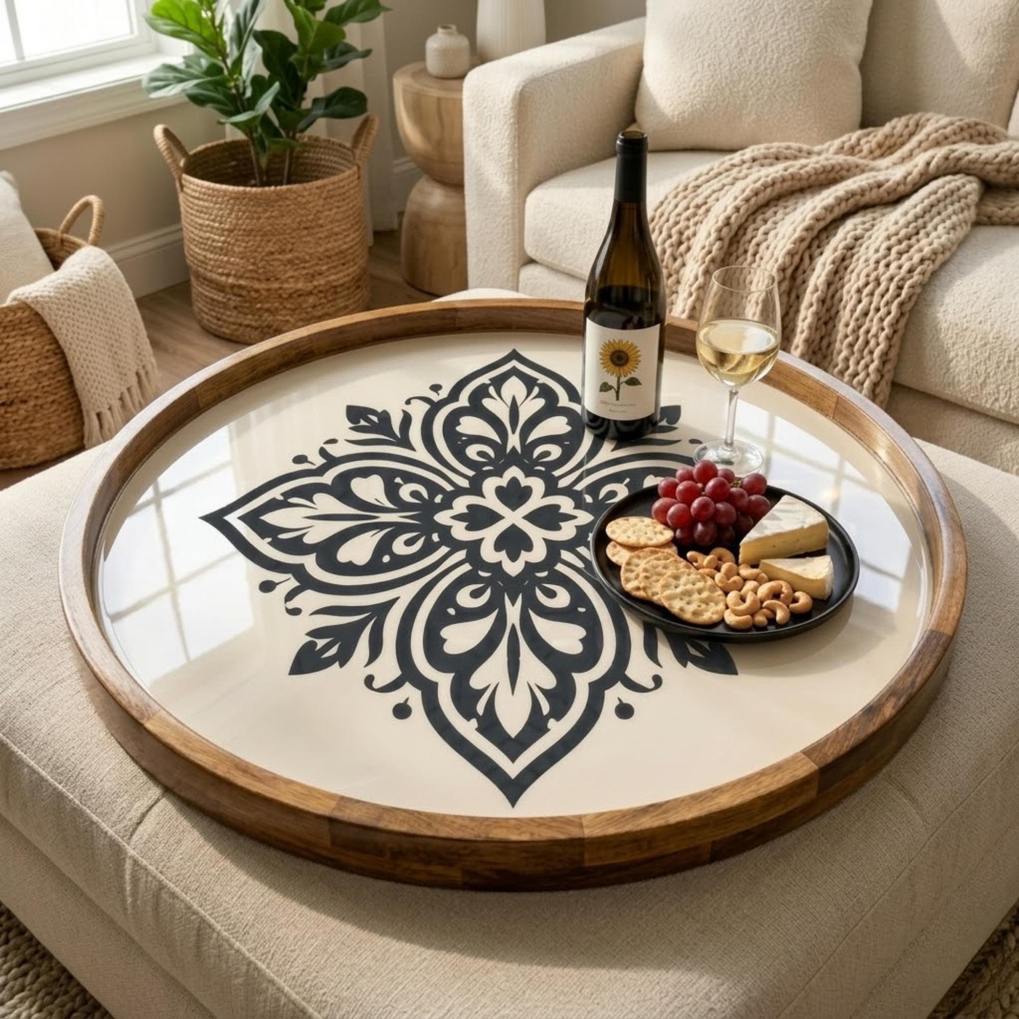 Black Mandala Wooden Tray Printed | Mango Wood Round Tea Serving Decor