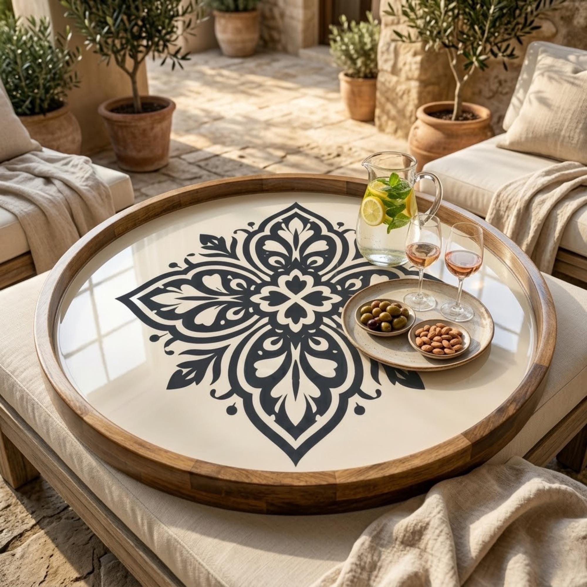 Black Mandala Wooden Tray Printed | Mango Wood Round Tea Serving Decor