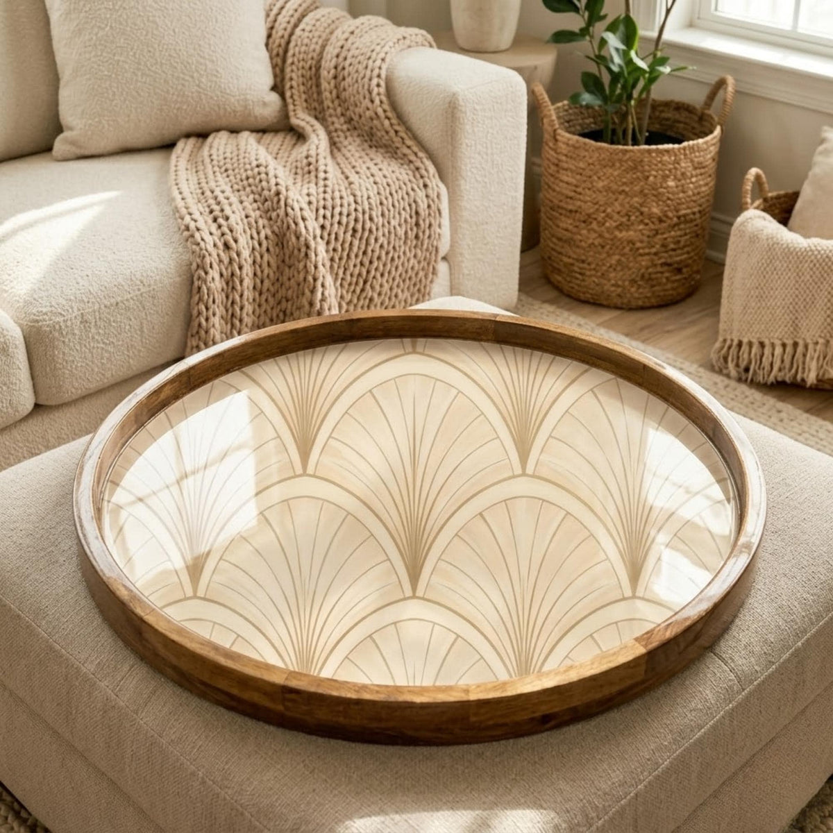 Art Deco Mango Wood Serving Tray | Geometric Pattern Coffee Table Decor