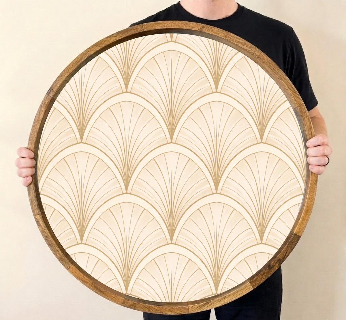 Art Deco Mango Wood Serving Tray | Geometric Pattern Coffee Table Decor