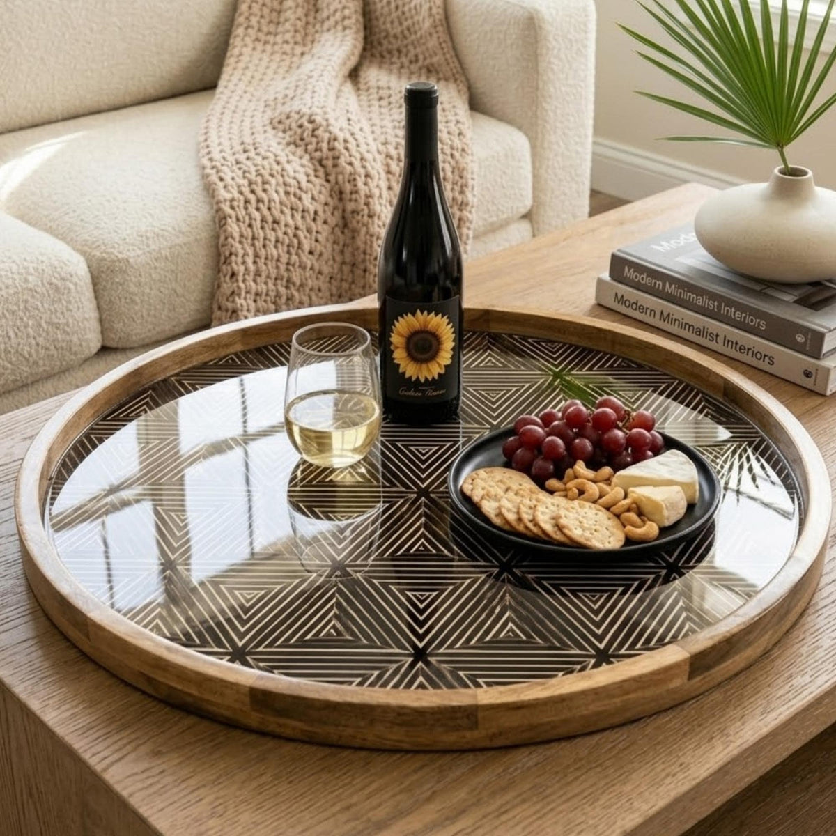 Handmade Geometric Mango Wood Tray | Black Gold Modern Coffee Table Decor