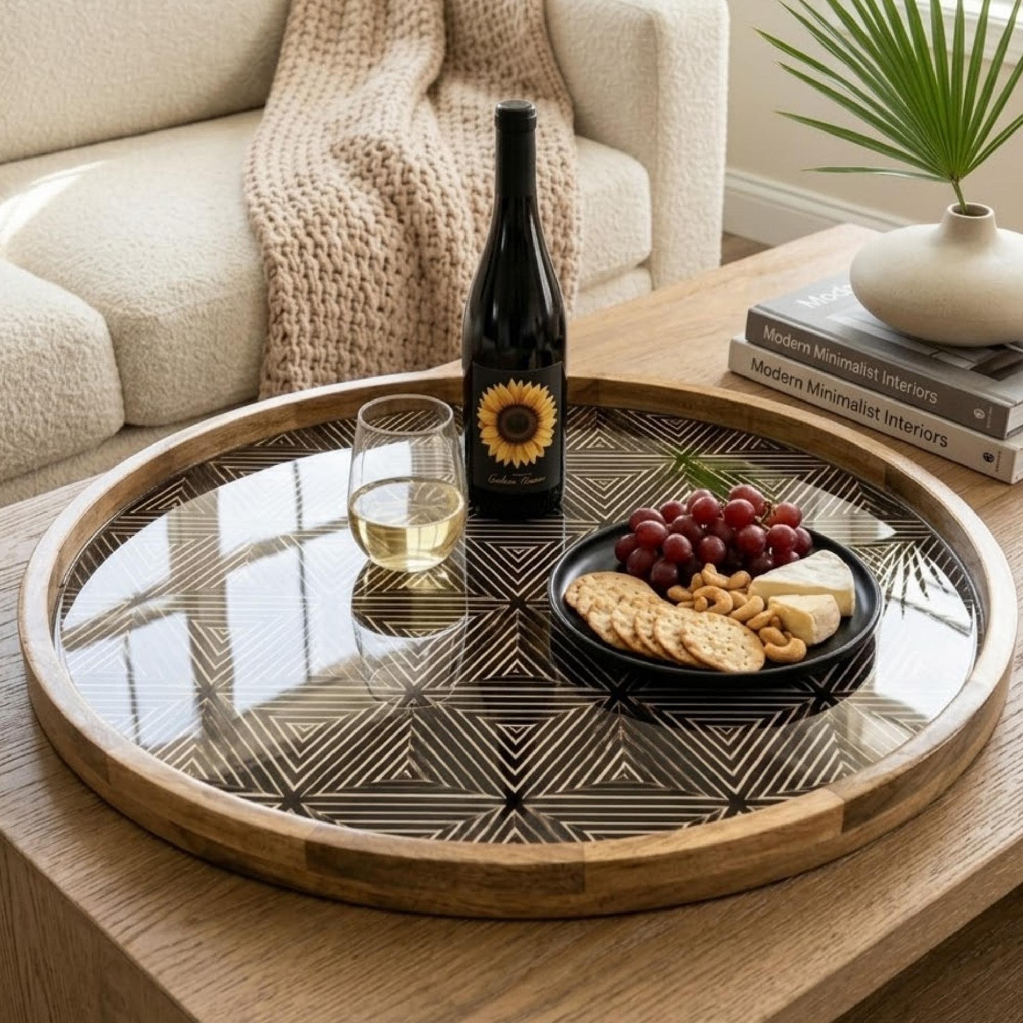 Handmade Geometric Mango Wood Tray | Black Gold Modern Coffee Table Decor