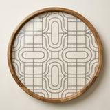 Geometric Wooden Serving Platter Printed | Round Mango Wood Coffee Table Decor | Modern Kitchen Organizer