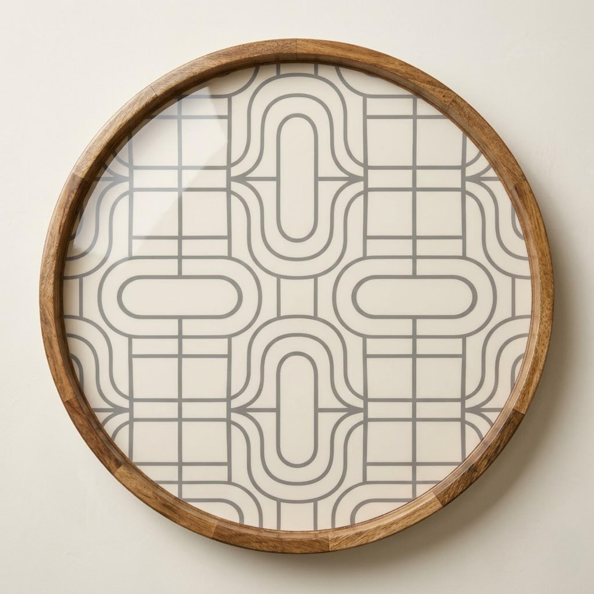 Geometric Wooden Serving Platter Printed | Round Mango Wood Coffee Table Decor | Modern Kitchen Organizer
