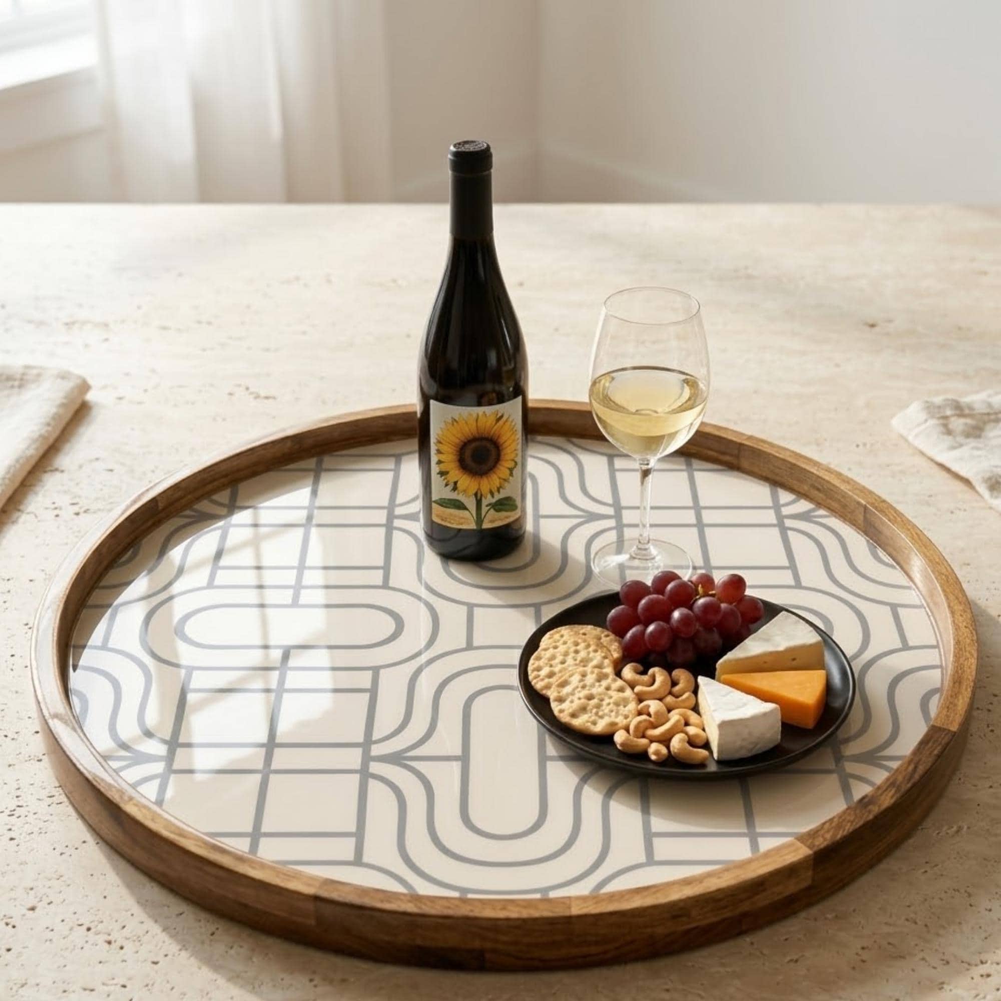 Geometric Wooden Serving Platter Printed | Round Mango Wood Coffee Table Decor | Modern Kitchen Organizer