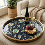 Floral Wooden Serving Tray Printed | Round Mango Wood Coffee Table Decor | Blue Botanical Organizer
