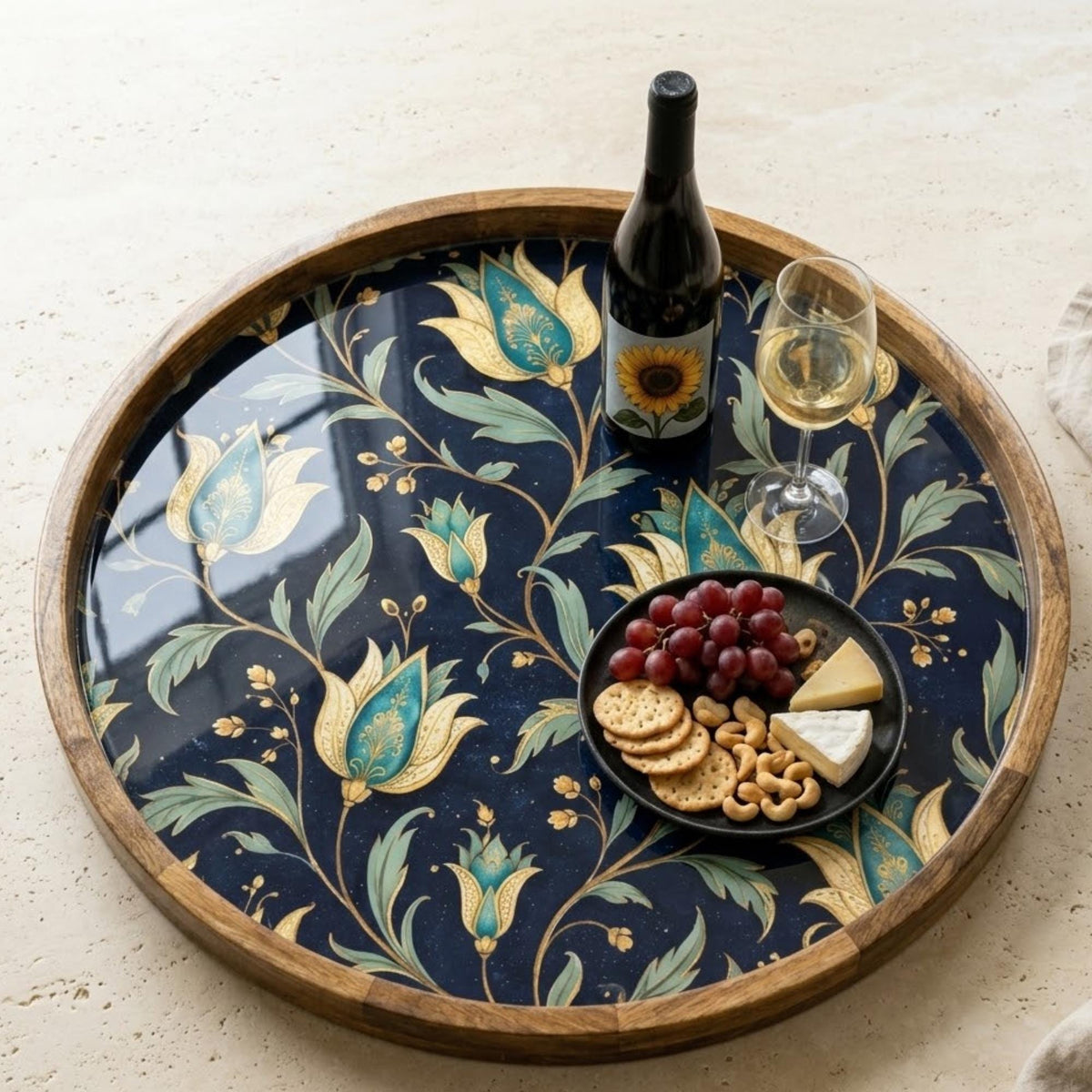 Floral Wooden Serving Tray Printed | Round Mango Wood Coffee Table Decor | Blue Botanical Organizer