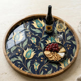 Floral Wooden Serving Tray Printed | Round Mango Wood Coffee Table Decor | Blue Botanical Organizer