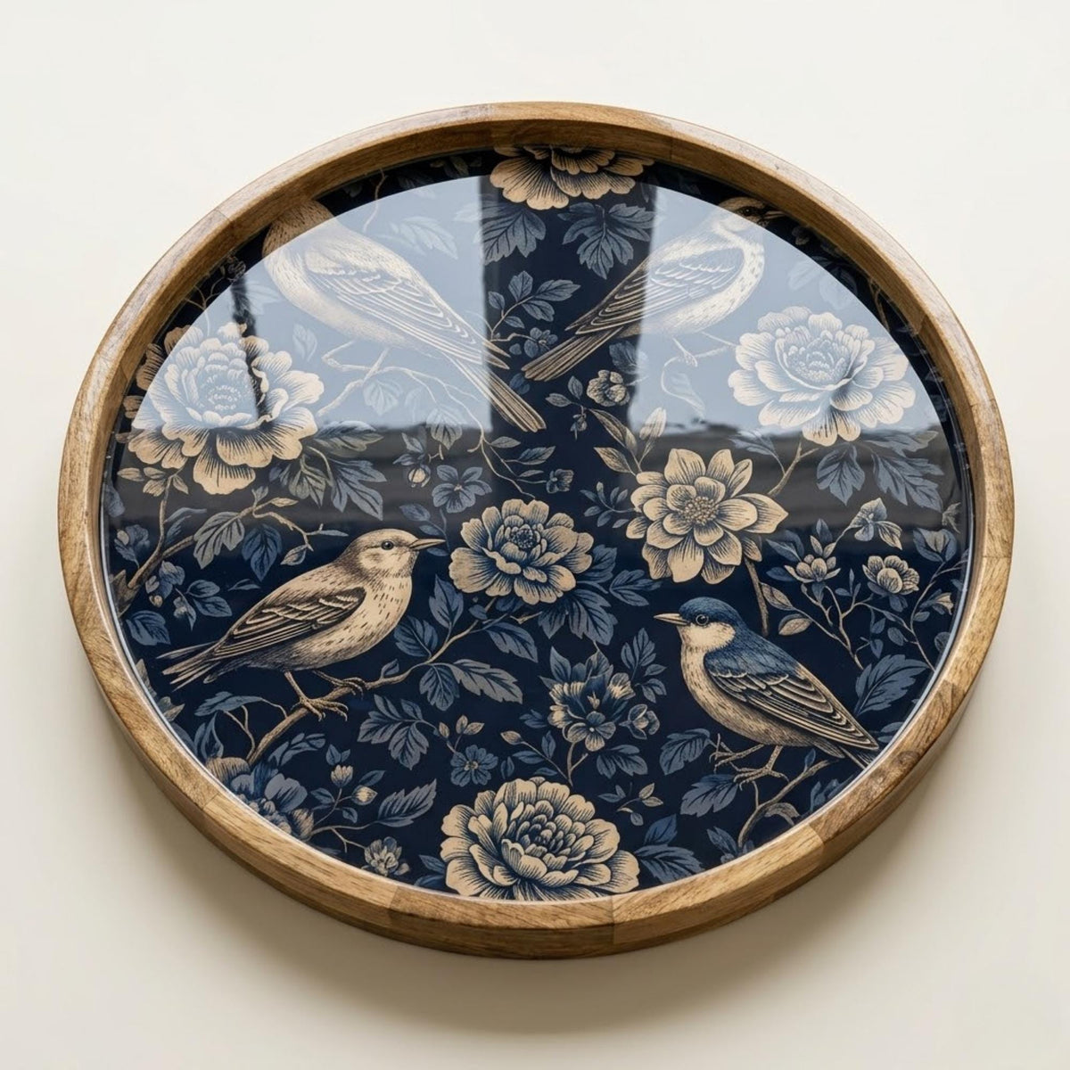 Blue Floral Wooden Serving Platter | Printed Mango Wood | Round Tea Coffee Decor Gift