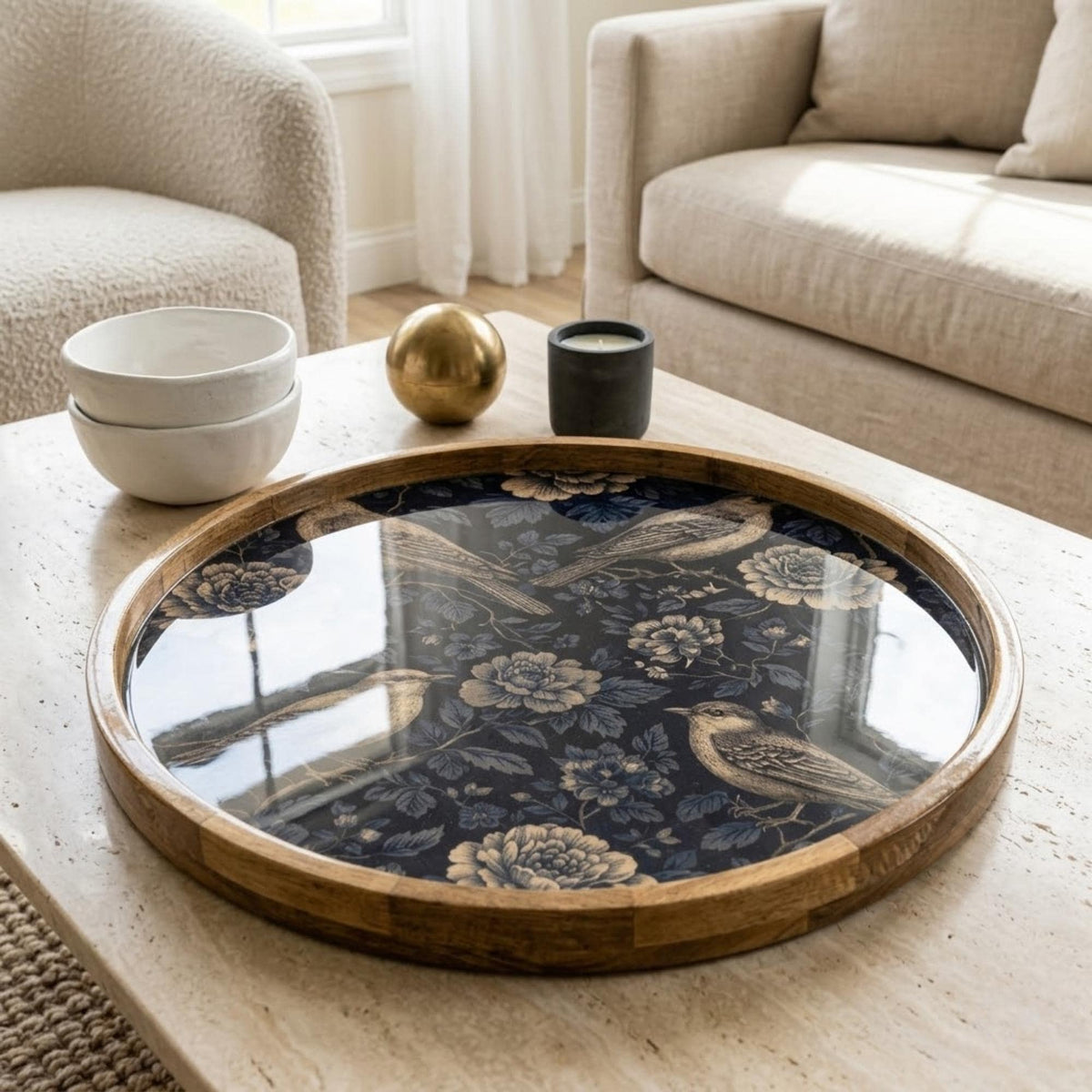 Blue Floral Wooden Serving Platter | Printed Mango Wood | Round Tea Coffee Decor Gift