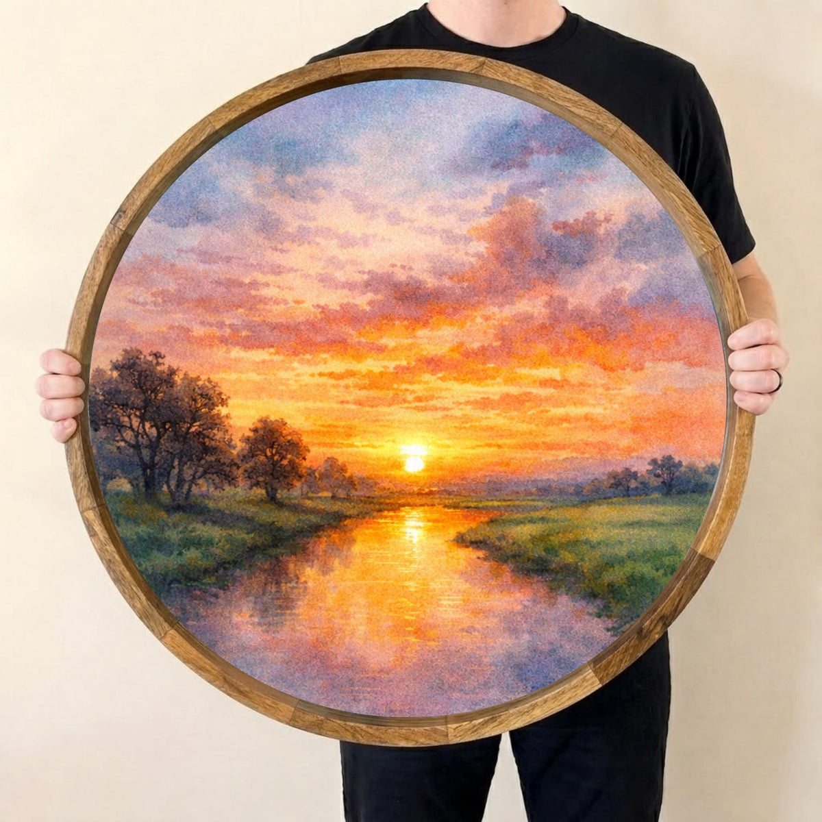 Sunset Landscape Wooden Serving Platter | Printed Mango Wood | Round Tea Coffee Decor Gift