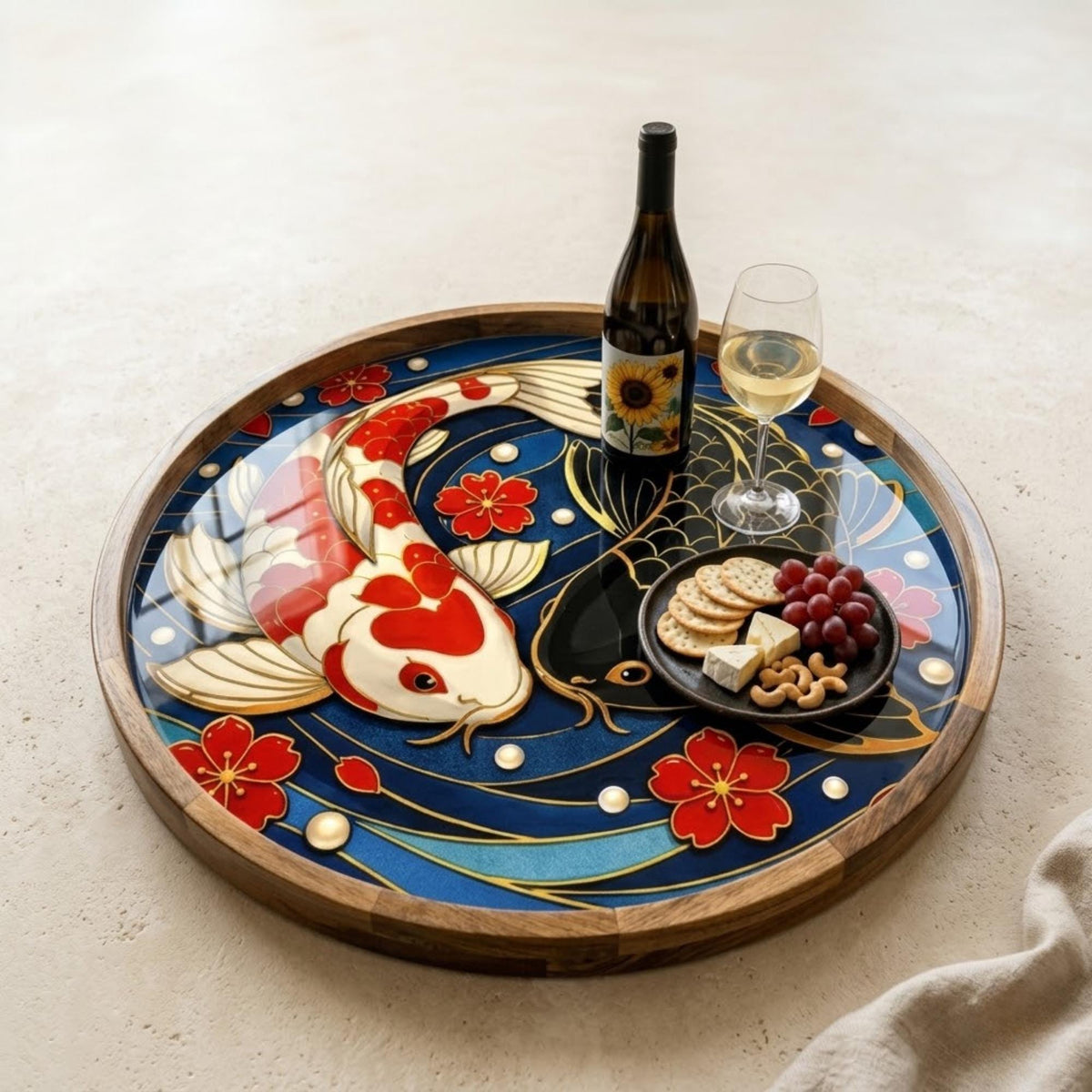 Japanese Crane Wooden Serving Platter | Printed Mango Wood | Round Tea Coffee Decor Gift