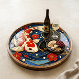 Japanese Crane Wooden Serving Platter | Printed Mango Wood | Round Tea Coffee Decor Gift
