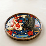 Japanese Crane Wooden Serving Platter | Printed Mango Wood | Round Tea Coffee Decor Gift