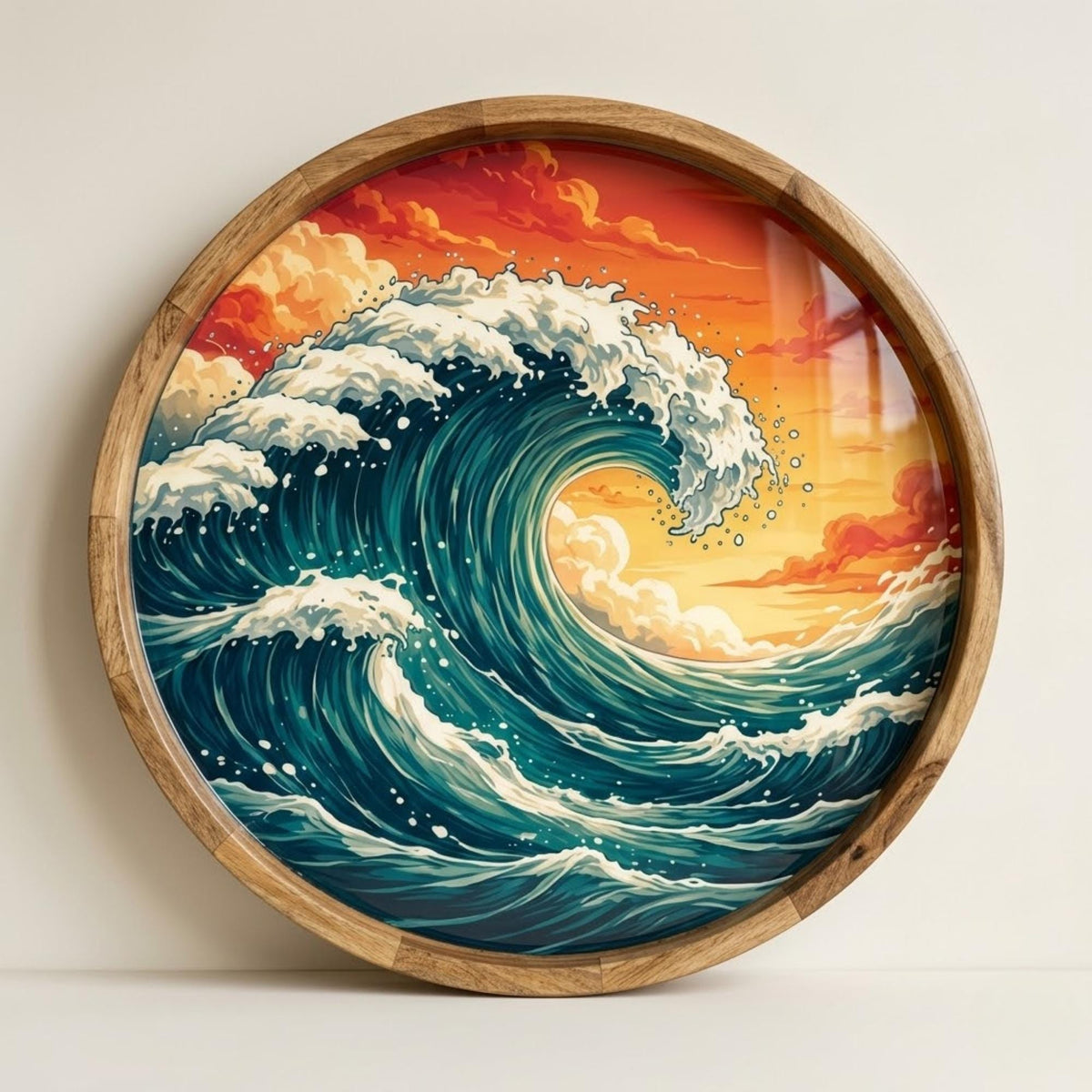 Ocean Wave Wooden Tray | Mango Wood Printed Coffee Table Decor | Coastal Tea Platter