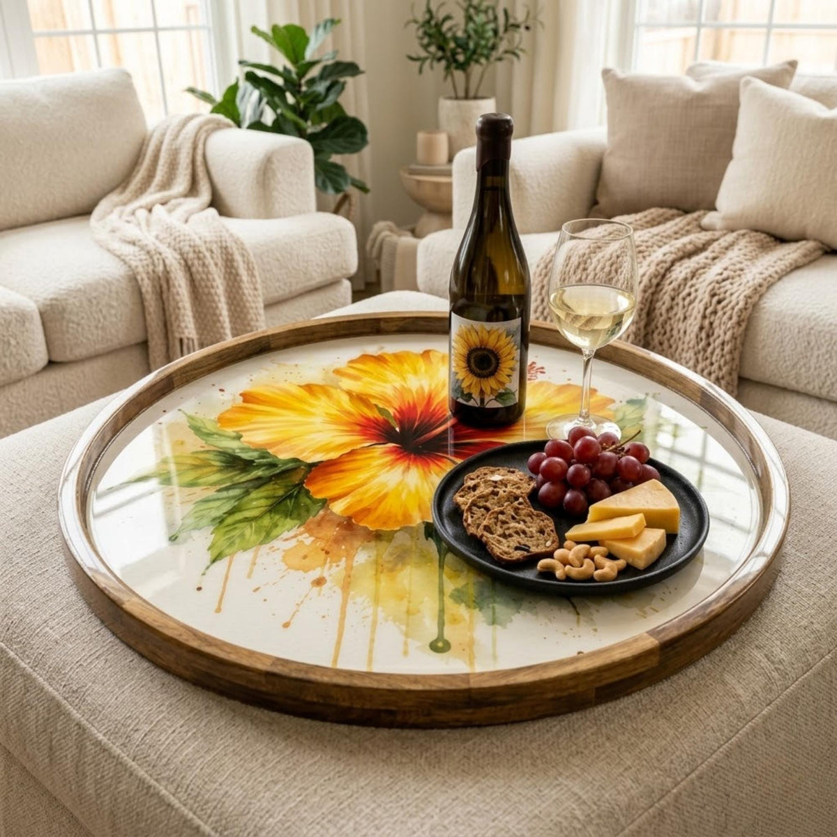 Hibiscus Flower Wooden Tray | Mango Wood Printed Coffee Table Decor | Floral Tea Platter