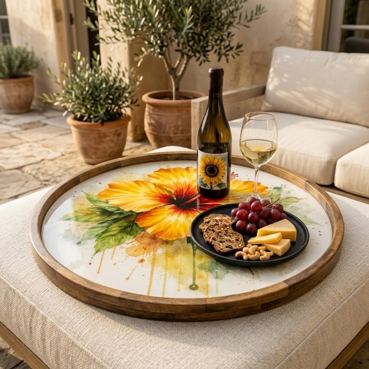 Hibiscus Flower Wooden Tray | Mango Wood Printed Coffee Table Decor | Floral Tea Platter