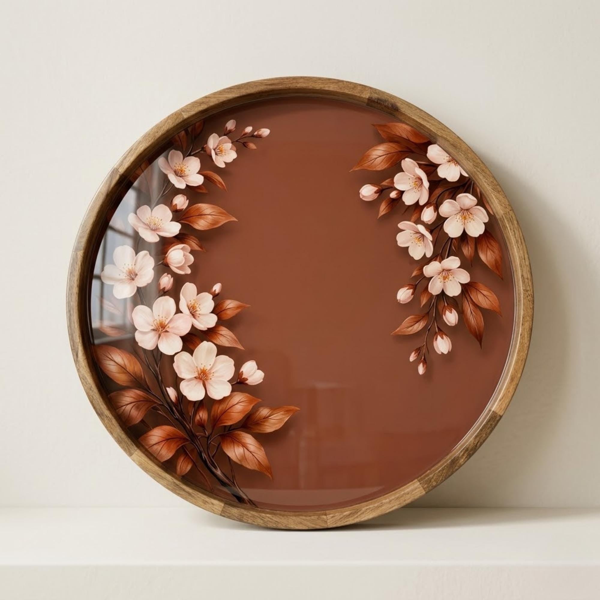Floral Wooden Tray | Mango Wood Printed Coffee Table Decor | Brown Flower Tea Platter