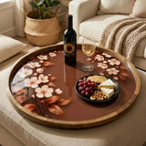 Floral Wooden Tray | Mango Wood Printed Coffee Table Decor | Brown Flower Tea Platter