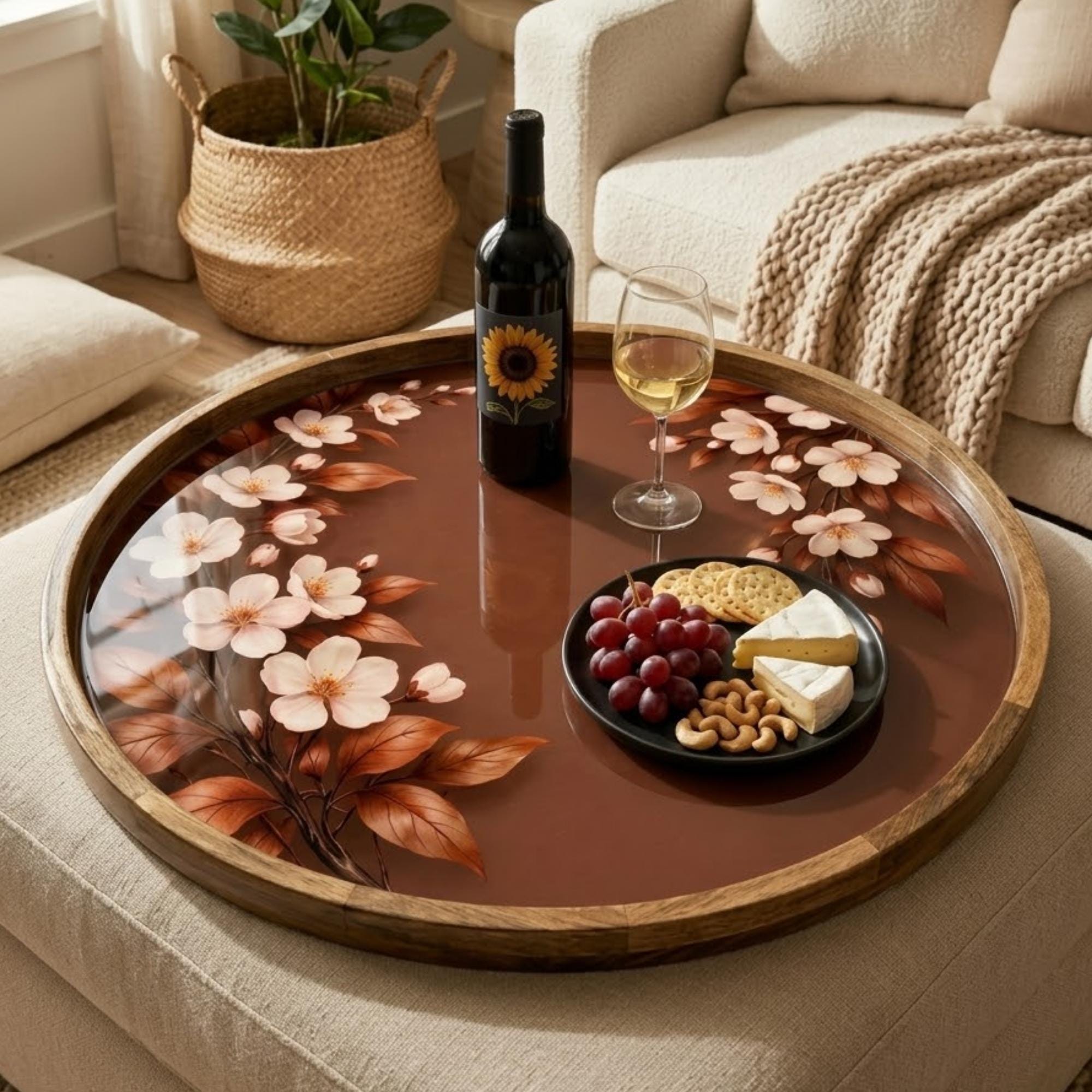 Floral Wooden Tray | Mango Wood Printed Coffee Table Decor | Brown Flower Tea Platter