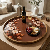 Floral Wooden Tray | Mango Wood Printed Coffee Table Decor | Brown Flower Tea Platter